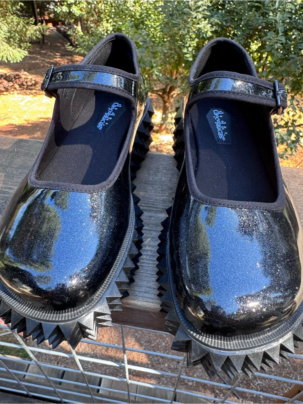 Choclaticas Black Cobra Patent Platform Mary Janes with Geometric Stud Sole